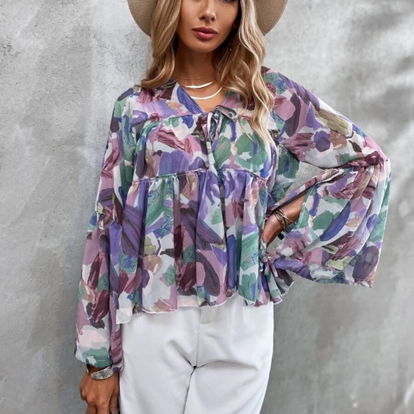 Boho Floral Purple Tie Babydoll Long Sleeve Top - Picture 2 of 6